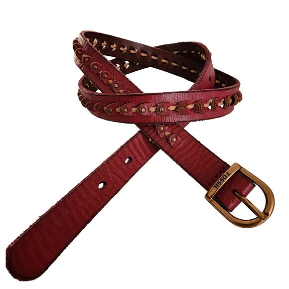 Fossil Leather Belt M Dark Pink Berry Antique Gold Studs Jute Western Boho Girly - Picture 1 of 5